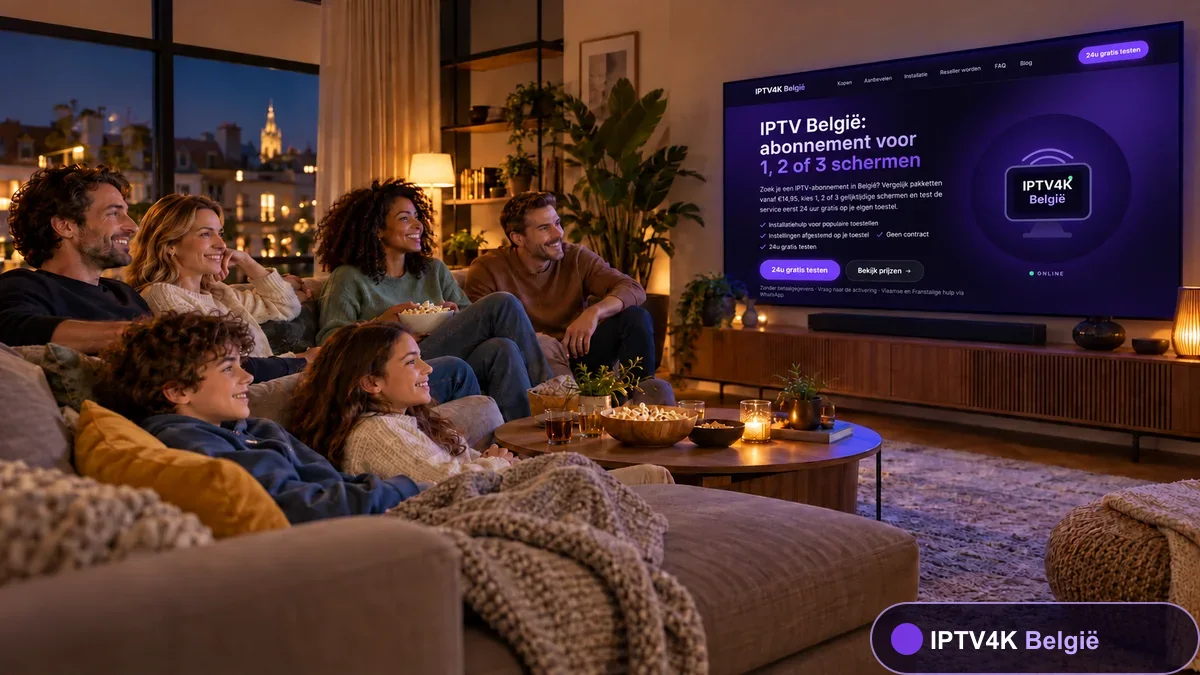 Belgische familie en vrienden samen tv kijken in een gezellige woonkamer met IPTV4K België op het televisiescherm